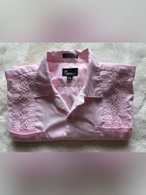 Omega Fashion Men’s 2XL Pink Guayabera Shirt Cuban Camp Embroidered 4 Pocket